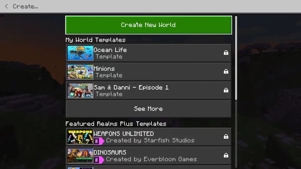 Minecraft Create New World Interface