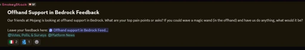 SmokeyStacks Discord Chat quoting Minecraft Offhand Support